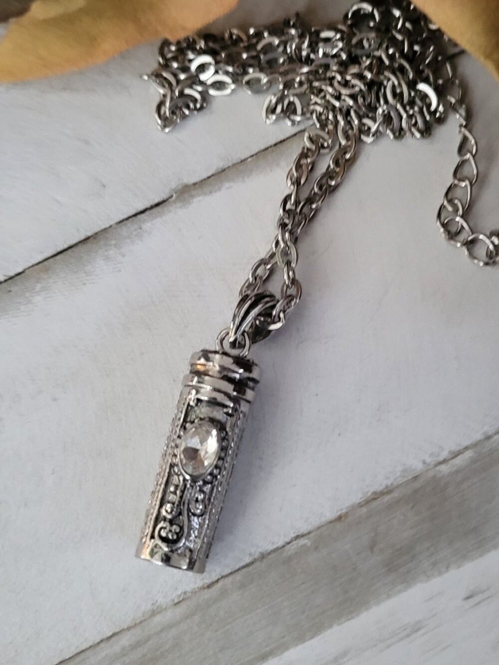 April Birthstone Clear Quartz Diamond Crystal Cylinder Locket Pendant Necklace